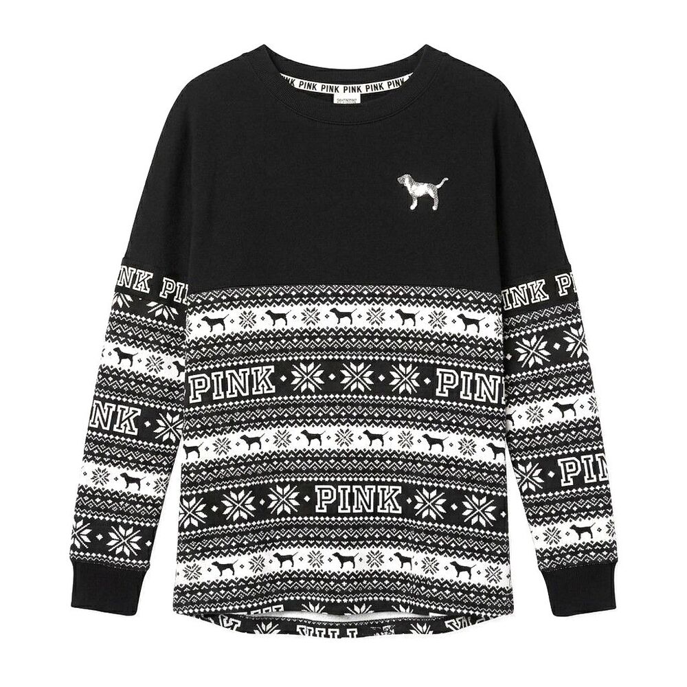 Victoria Secret PINK Holiday Black White Sweater Snowflake Bling Holiday Size M